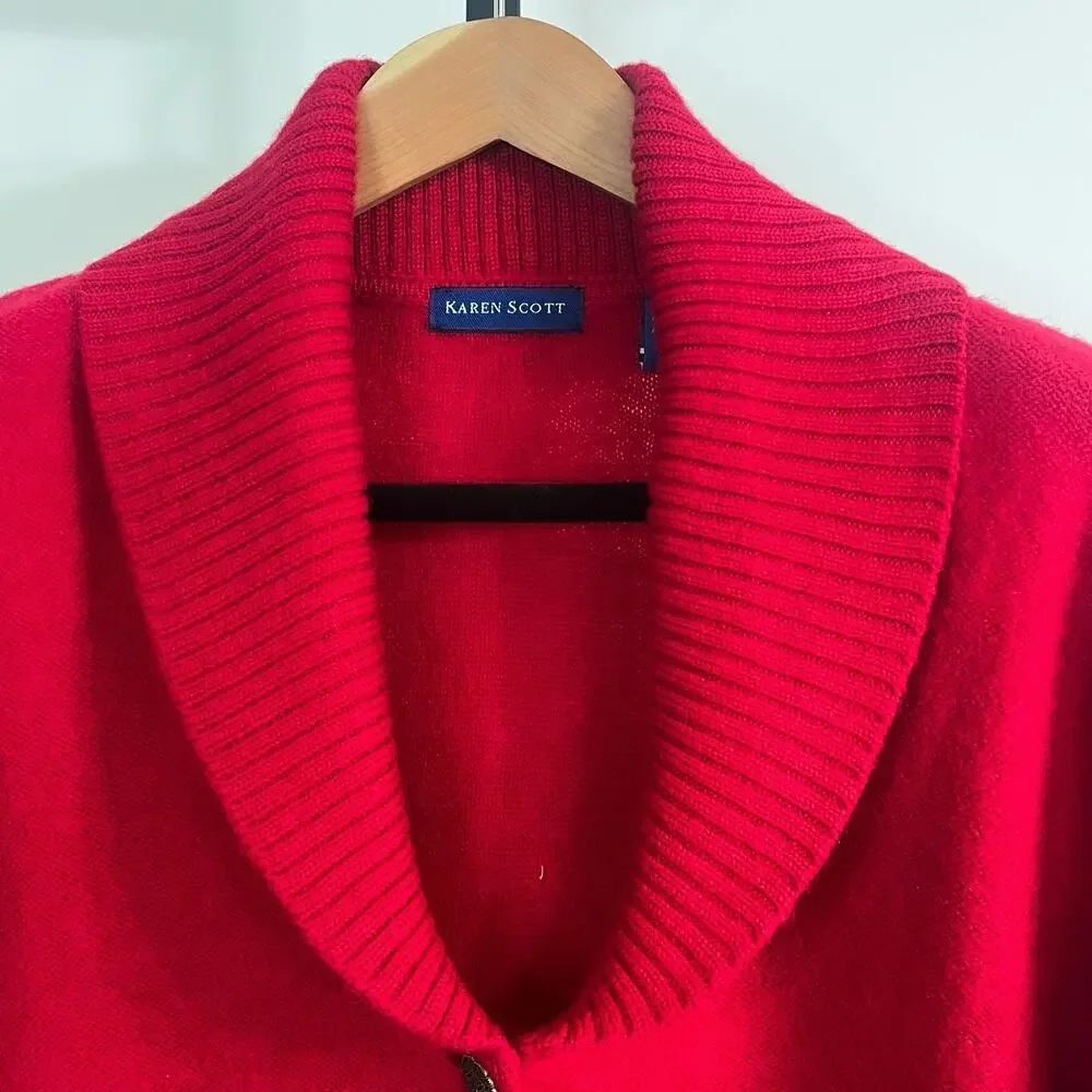 Karen Scott Womens 100% Wool Vintage Y2K Retro Cardigan Sweater - Red, Size M